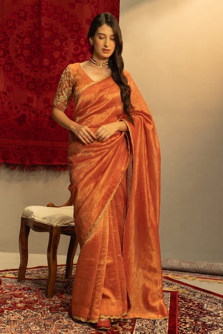 Kridha Designs Orange Saree Chanderi Woven Vrindapriya With Embroidered Blouse 