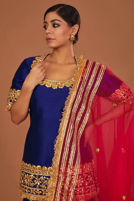 Preeti S Kapoor Blue Silk, Organza Embroidery Round Neck Short Kurta Sharara Set Online at Aza Fashions Preeti S Kapoor_Blue Silk, Organza Embroidery Round Neck Short Kurta Sharara Set _Online_at_Aza_Fashions