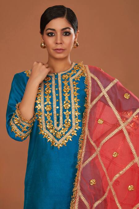 Preeti S Kapoor_Blue Silk, Organza Gota Patti Round Neck Embroidered Kurta Sharara Set _Online_at_Aza_Fashions