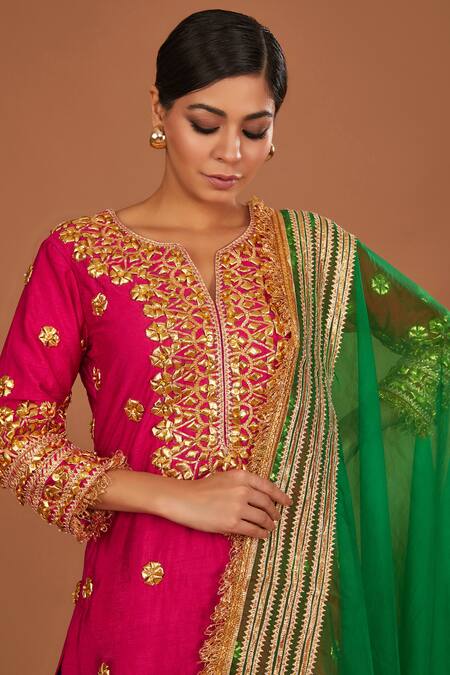 Preeti S Kapoor_Fuchsia Silk, Organza Gota Patti Split Embroidered A-line Kurta Sharara Set _Online_at_Aza_Fashions