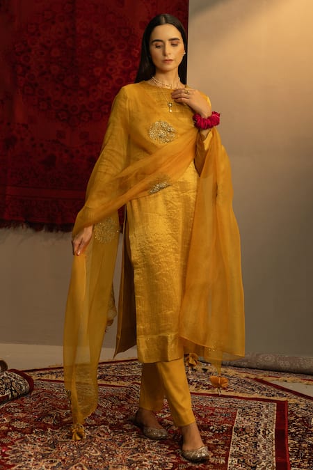 Kridha Designs Yellow Kurta Chanderi Hand Embroidered Ananda Straight Pant Set 