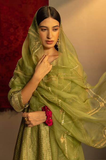 Shop_Kridha Designs_Green Kurta Chanderi Hand Embroidered Dupatta Eka A-line Pant Set _Online_at_Aza_Fashions