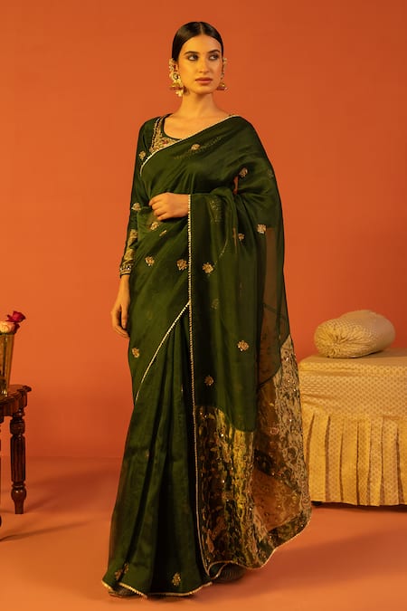 Kridha Designs Green Saree Organza With Tissue Pallu Hand Gopika Blouse  