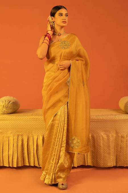 Kridha Designs Yellow Saree Chanderi And Organza Hand Jiva With Blouse  