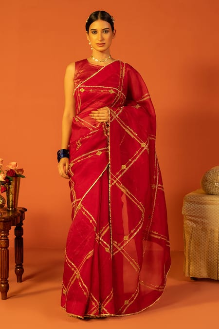 Kridha Designs Red Saree Organza Embroidered Nandini Floral With Chanderi Blouse 