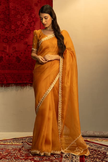 Kridha Designs Yellow Organza Embroidered Shyama Floral Border Saree With Blouse  