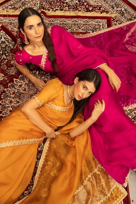 Shop_Kridha Designs_Yellow Organza Embroidery Round Neck Shyama Floral Border Saree With Blouse_Online_at_Aza_Fashions