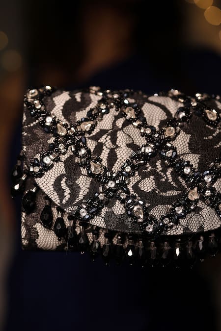 House Of Vian_Black Crystals, Pearls, Beads, Amal Floral Lace Embellished Clutch Bag _Online_at_Aza_Fashions