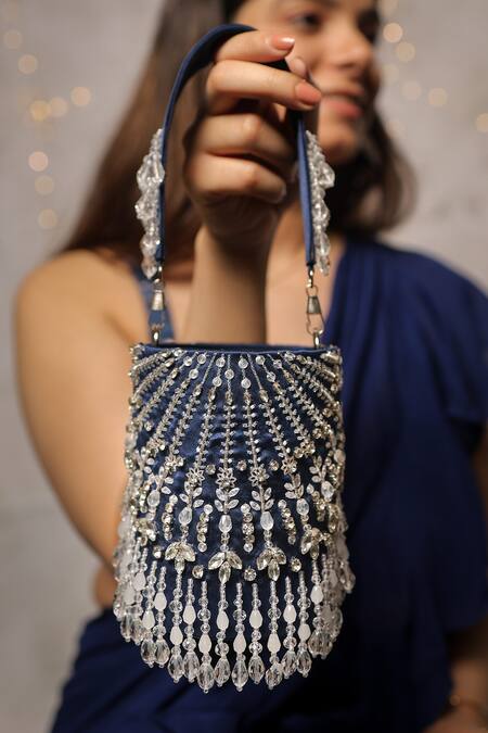 House Of Vian_Blue Crystals, Pearls, Beads Sitarah Embellished Potli _Online_at_Aza_Fashions