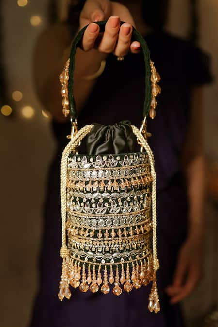 House Of Vian_Green Crystals, Mirrors, Pearls Zoya Velvet Embroidered Potli _Online_at_Aza_Fashions