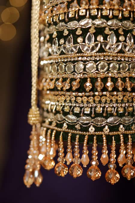 Buy_House Of Vian_Green Crystals, Mirrors, Pearls Zoya Velvet Embroidered Potli _Online_at_Aza_Fashions