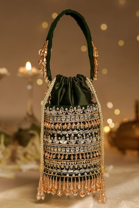 Shop_House Of Vian_Green Crystals, Mirrors, Pearls Zoya Velvet Embroidered Potli _Online_at_Aza_Fashions