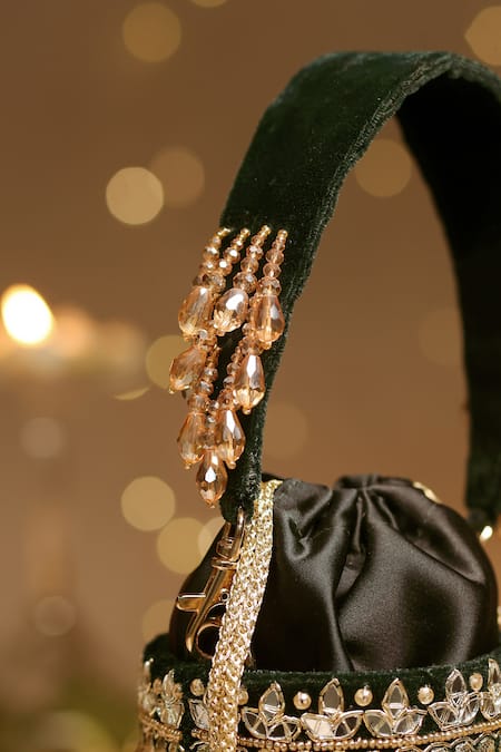 House Of Vian_Green Crystals, Mirrors, Pearls Zoya Velvet Embroidered Potli _at_Aza_Fashions