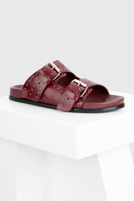 Shop Oroh Red Studs Meilila Embellished Flat at Aza Fashions Shop_Oroh_Red Studs Meilila Embellished Flat _at_Aza_Fashions