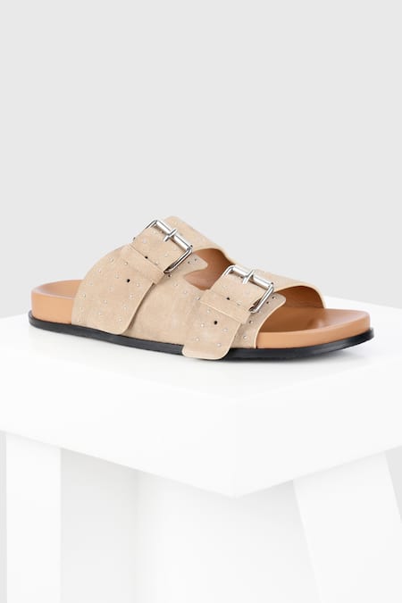 Oroh Beige Studs Meilila Leather Embellished Flat
