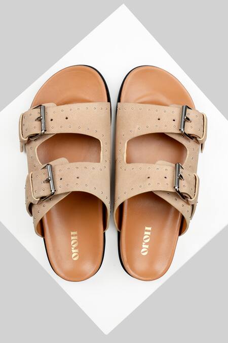 Oroh_Beige Studs Meilila Leather Embellished Flat _Online_at_Aza_Fashions