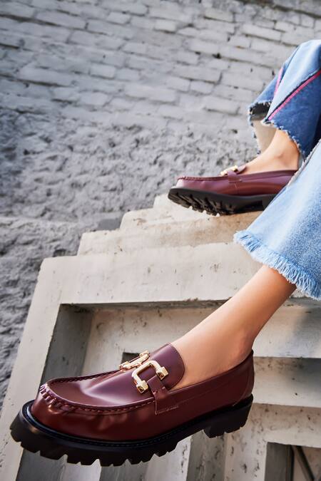 Oroh_Red Baza Buckle Embellished Moccasins_at_Aza_Fashions