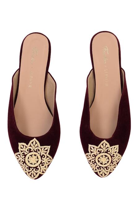 Shop_Sephyr_Maroon Delara Floral Zardozi Embroidered Flats _Online_at_Aza_Fashions
