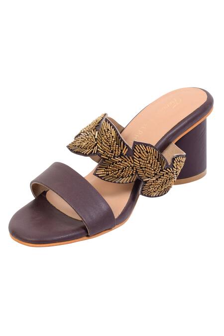 Sephyr_Brown Beads Narges Nalki Bloom Embellished Strap Block Heels _Online_at_Aza_Fashions