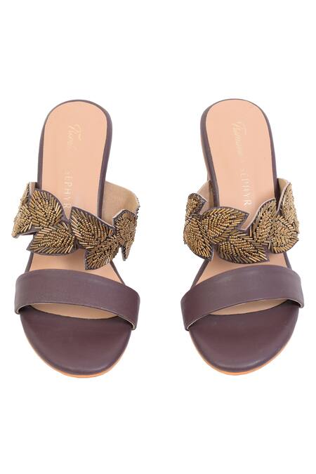 Buy_Sephyr_Brown Beads Narges Nalki Bloom Embellished Strap Block Heels _Online_at_Aza_Fashions