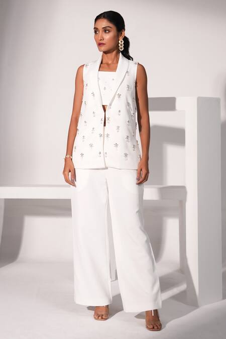 Nayantara Couture White Poly Crepe Embellished Crystal And Bead Work Inaya Pant Set 