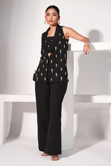 Nayantara Couture Black Poly Crepe Embellished Crystal And Bead Work Blazer Lapel Inaya Pant Set