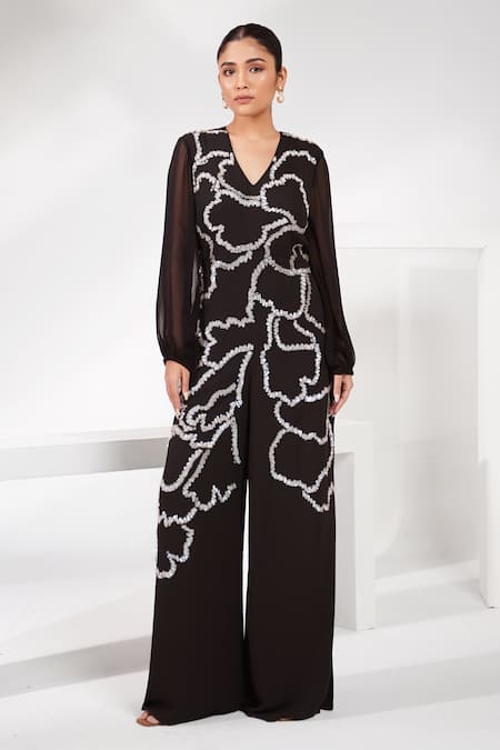 Nayantara Couture Black Poly Georgette Embroidered Sequin Work V Alora Jumpsuit 