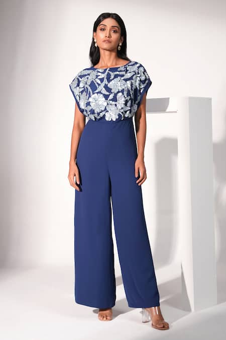 Nayantara Couture Blue Polyester Georgette Embroidered Sequin And Sienna Yoke Jumpsuit 