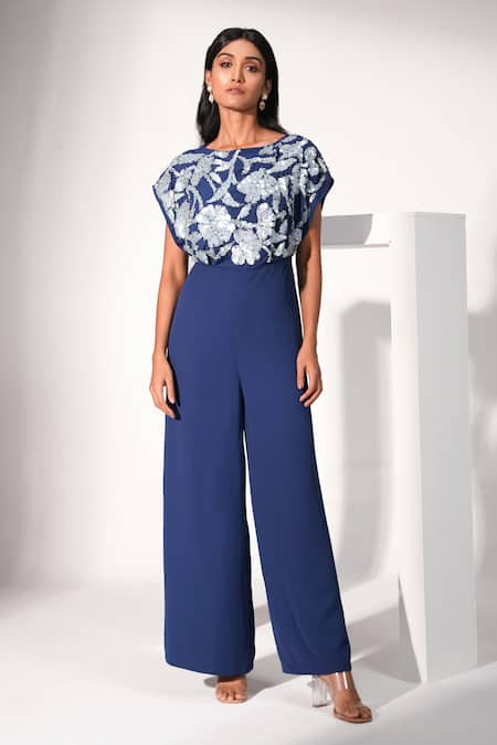 Nayantara Couture Blue Polyester Georgette Embroidered Sequin And Cut Dana Sienna Yoke Jumpsuit