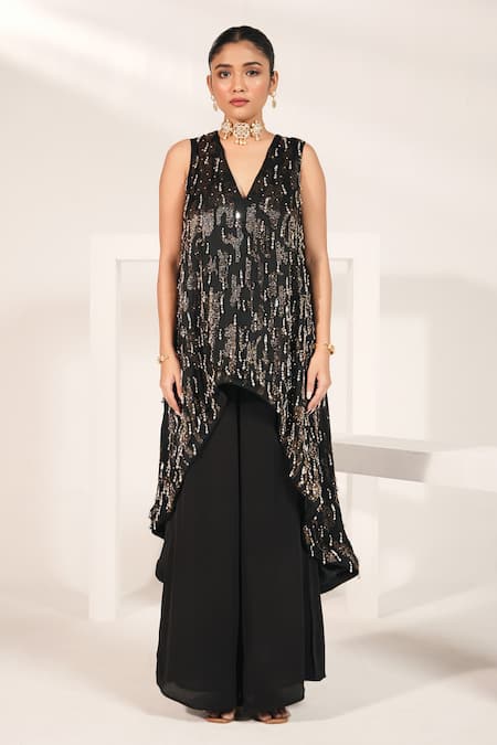 Nayantara Couture Black Tunic Viscose Satin Organza Embellished Evelyn And Palazzo Set 