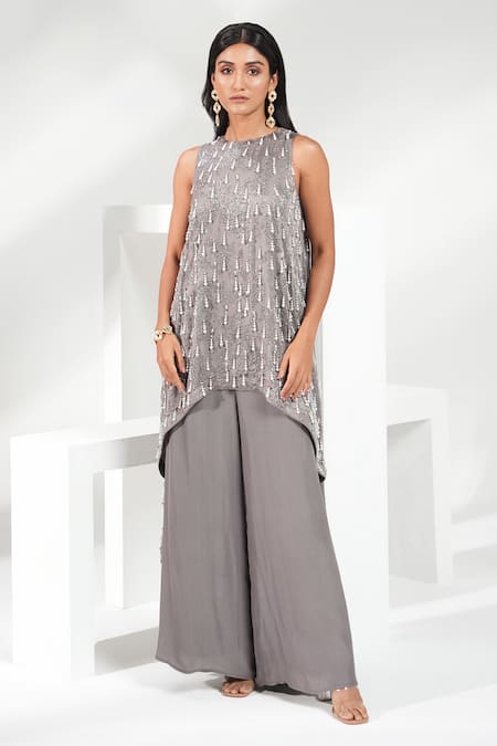 Nayantara Couture Grey Tunic Viscose Satin Organza Evelyn Asymmetric And Palazzo Set 