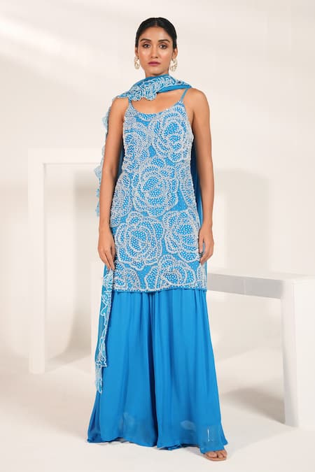 Nayantara Couture Blue Kurta Viscose Crepe Embroidered Pearl Round Daisy Sharara Set 
