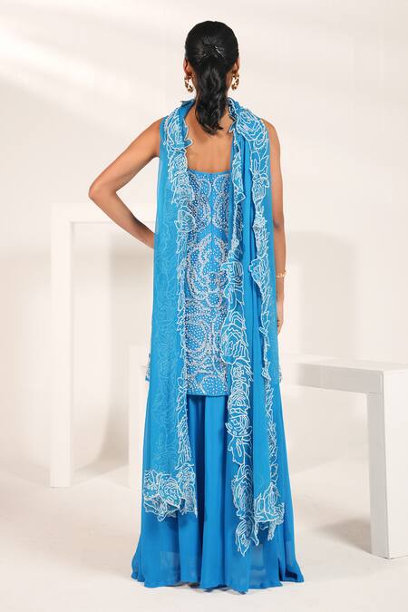Shop Nayantara Couture Blue Viscose, Chiffon, Georgette Pearls, Stones, Daisy Kurta Sharara Set at Aza Fashions Shop_Nayantara Couture_Blue Viscose, Chiffon, Georgette Pearls, Stones, Daisy Kurta Sharara Set_at_Aza_Fashions