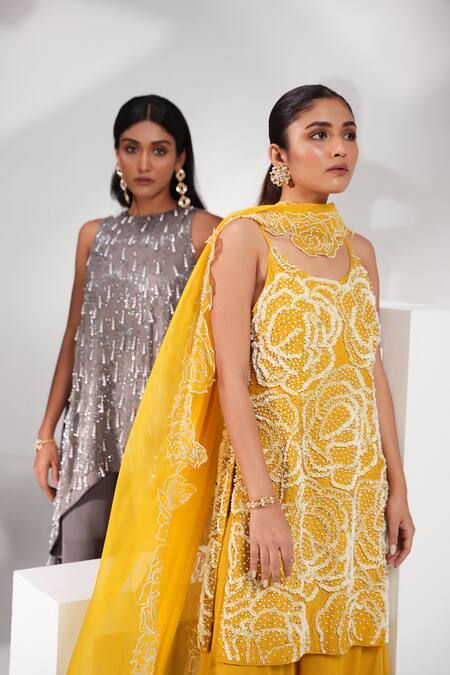 Nayantara Couture_Yellow Viscose, Chiffon, Georgette Pearls, Daisy Embroidered Kurta Sharara Set_Online_at_Aza_Fashions