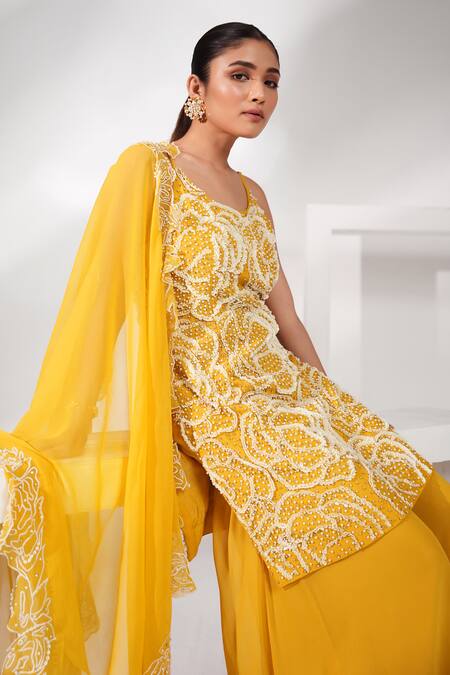 Buy_Nayantara Couture_Yellow Viscose, Chiffon, Georgette Pearls, Daisy Embroidered Kurta Sharara Set_Online_at_Aza_Fashions