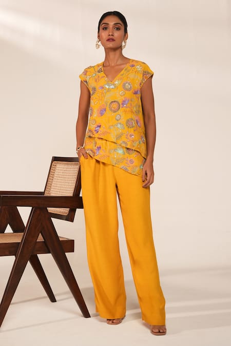 Nayantara Couture Yellow Viscose Crepe Printed And Hand Lucy Floral Top & Pant Set 