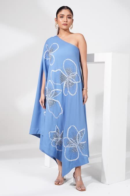 Nayantara Couture Blue Poly Crepe Embroidered Sequin One Shoulder Neriah Floral Dress 