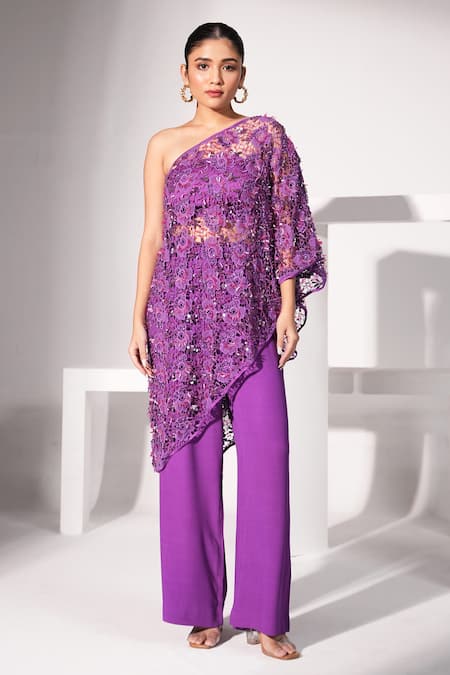 Nayantara Couture Purple Cape 100% Cotton Embroidered Floral Zhuri Cut Work Pant Set 