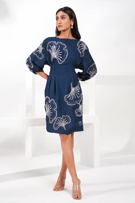 Nayantara Couture Blue Dress Viscose Satin Organza Embroidered Aurelia Floral Pleated 