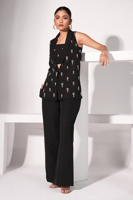 Nayantara Couture Black Poly Crepe Embellished Crystal And Bead Work Blazer Inaya & Top Set