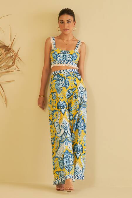 Shop Sage Saga Yellow Poplin, Cotton Embroidery Amarilla Floral Pattern Bustier With Pant Online at Aza Fashions Shop_Sage Saga_Yellow Poplin, Cotton Embroidery Amarilla Floral Pattern Bustier With Pant _Online_at_Aza_Fashions