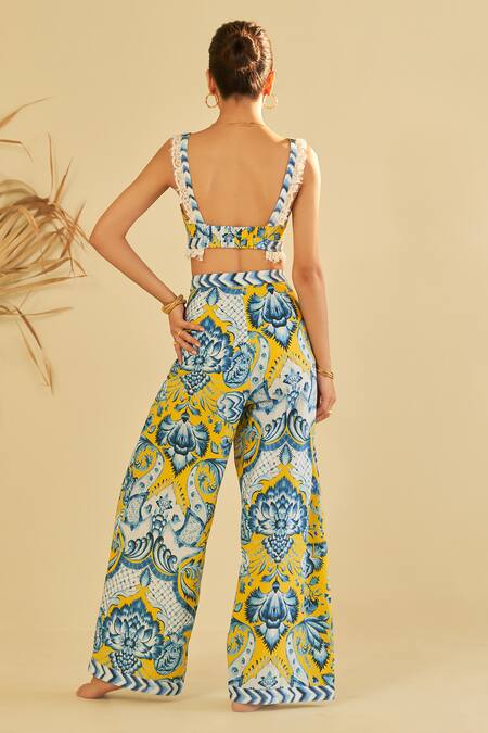 Shop_Sage Saga_Yellow Poplin Floral Wide-legged Pant_at_Aza_Fashions