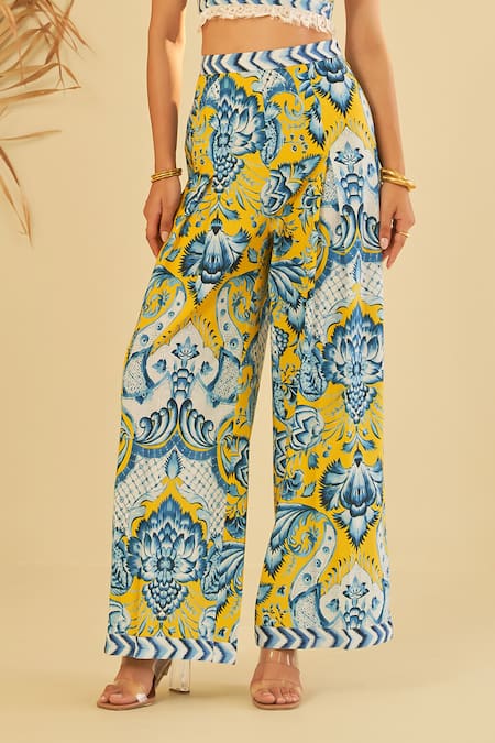 Buy_Sage Saga_Yellow Poplin Floral Wide-legged Pant_Online_at_Aza_Fashions