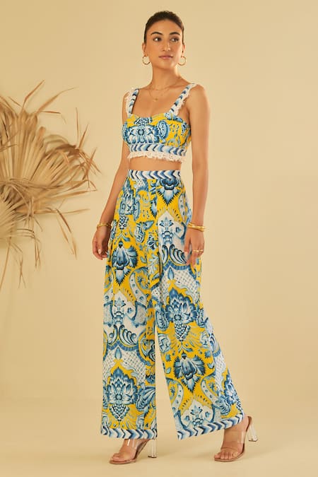 Shop_Sage Saga_Yellow Poplin Floral Wide-legged Pant_Online_at_Aza_Fashions