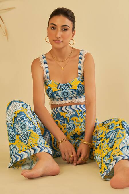 Sage Saga_Yellow Poplin Floral Wide-legged Pant_at_Aza_Fashions