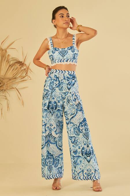 Shop Sage Saga Blue Poplin Embroidery Sweetheart Neck Floral Chantilly Lace Bustier And Pant Set Online at Aza Fashions Shop_Sage Saga_Blue Poplin Embroidery Sweetheart Neck Floral Chantilly Lace Bustier And Pant Set _Online_at_Aza_Fashions