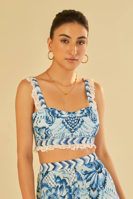 Sage Saga Blue Poplin Embroidery Sweetheart Neck Floral Chantilly Lace Bustier And Pant Set at Aza Fashions Sage Saga_Blue Poplin Embroidery Sweetheart Neck Floral Chantilly Lace Bustier And Pant Set _at_Aza_Fashions