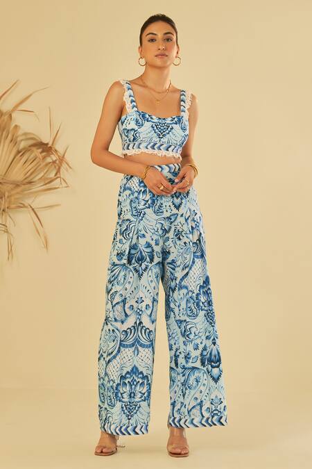 Shop_Sage Saga_Blue Poplin Floral Azul Blossom Pattern Pant_Online_at_Aza_Fashions