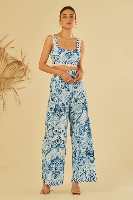 Buy_Sage Saga_Blue Poplin Embellished Floral Sweetheart Azul Blossom Pattern Bustier_Online_at_Aza_Fashions