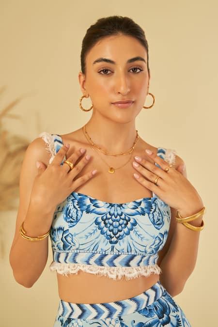 Sage Saga_Blue Poplin Embellished Floral Sweetheart Azul Blossom Pattern Bustier_at_Aza_Fashions